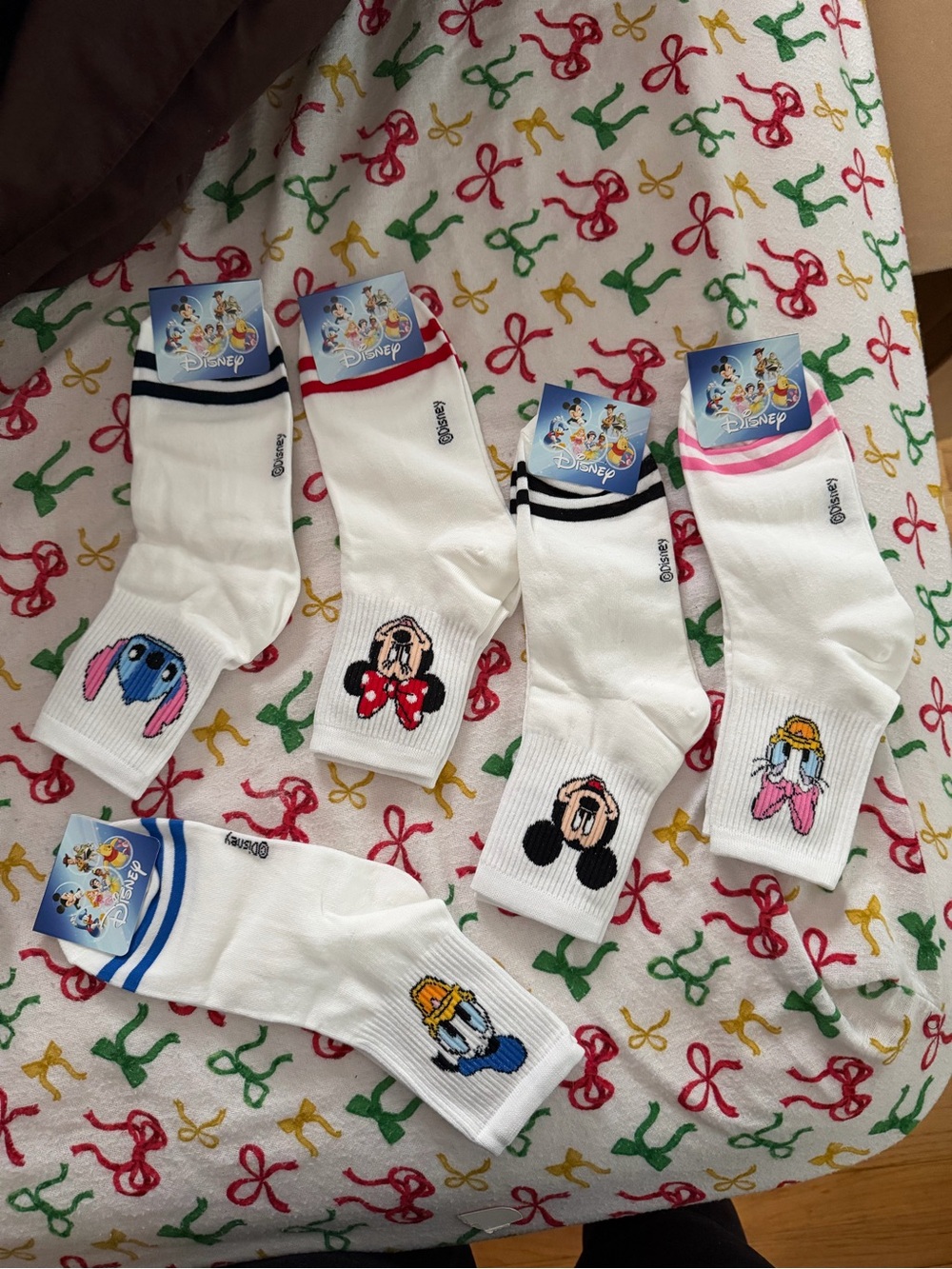 Disney women’s White Crew Socks with Character Embroideries and Colored Cuffs